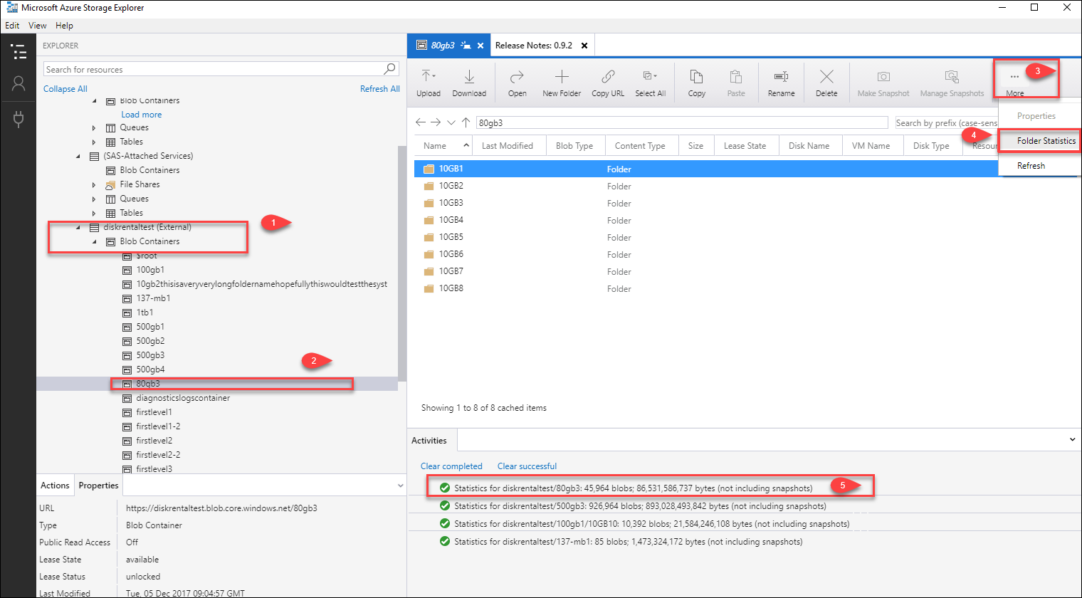 Capture d’écran montrant les statistiques de dossier pour un objet blob dans l’Explorateur Stockage Azure. Un conteneur d’objets blob, un objet blob et un dossier sont sélectionnés. L’option Statistiques du dossier et un jeu de statistiques sont mis en surbrillance.