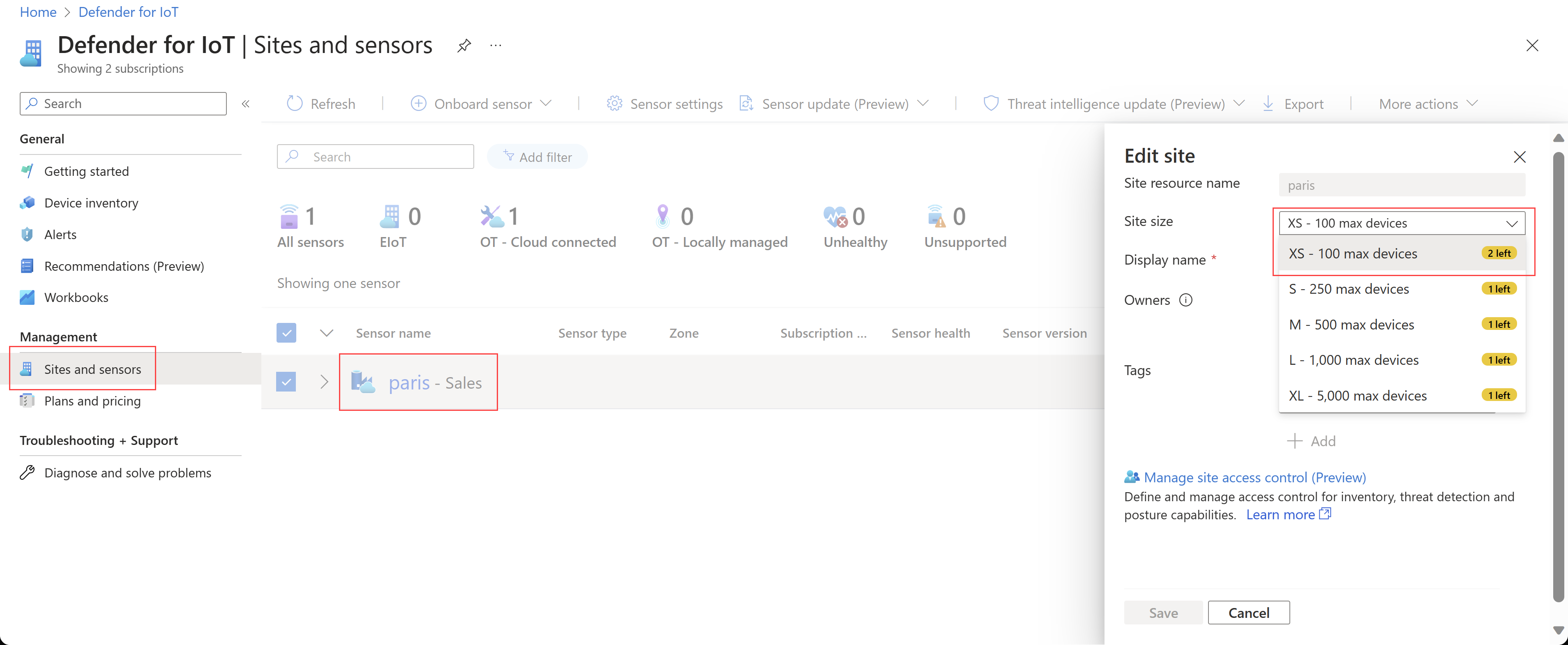 Capture d’écran de la modification de la taille d’un site sur le Portail Azure.