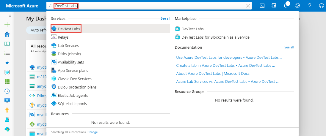 Recherchez et sélectionnez DevTest Labs