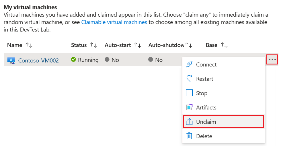 Capture d’écran montrant comment cesser de revendiquer une machine virtuelle dans la liste Mes machines virtuelles.