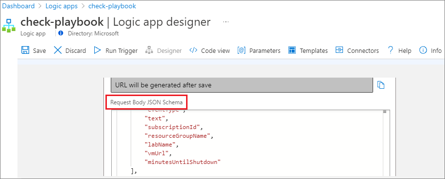 Capture d’écran montrant la section Schéma JSON du corps de la demande dans le concepteur.