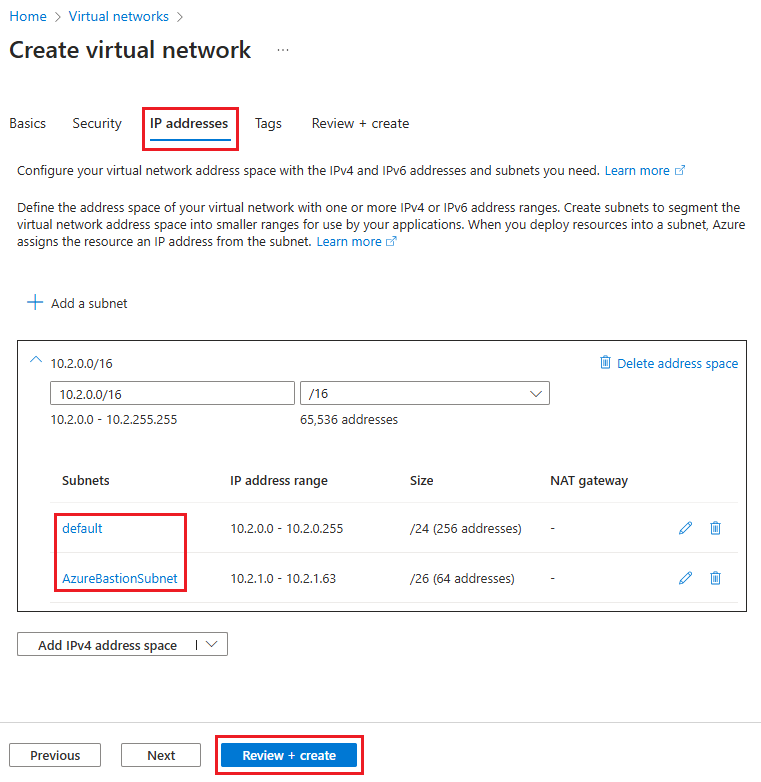 Capture d’écran montrant la création du sous-réseau AzureBastionSubnet.