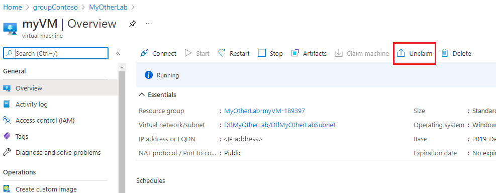Capture d’écran de l’option Cesser de revendiquer dans la page Vue d’ensemble de la machine virtuelle.