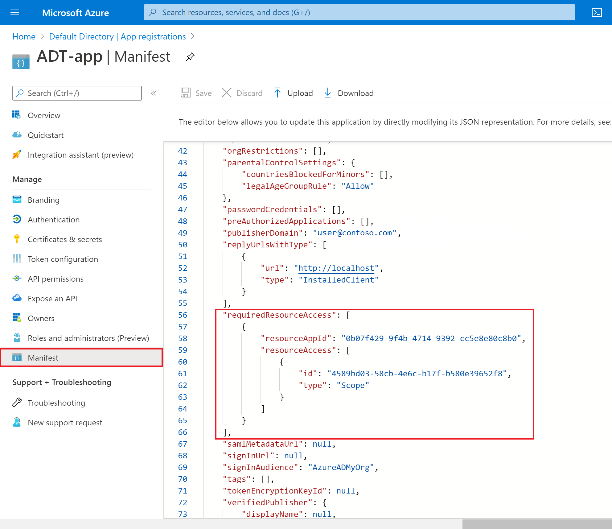 Capture d’écran du manifeste pour l’inscription d’application Microsoft Entra dans le portail Azure.