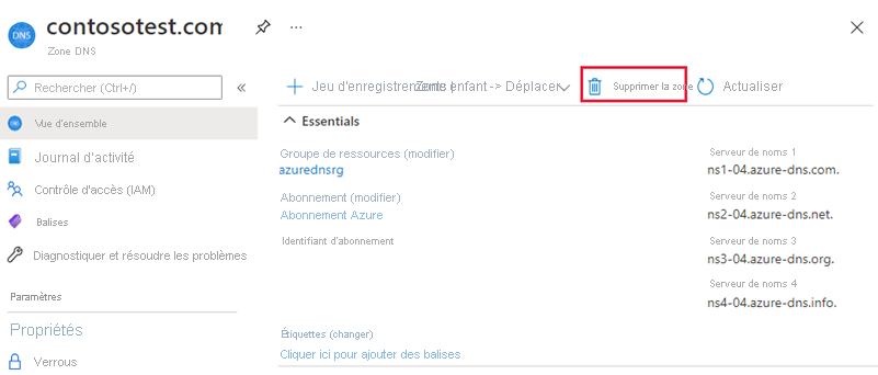 Capture d'écran illustrant la suppression d'une zone DNS.