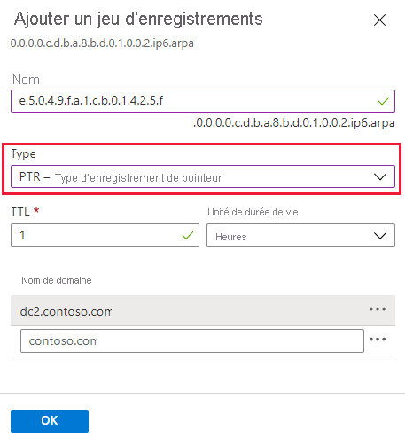 Capture d’écran de la création d’un enregistrement de pointeur IPv6.