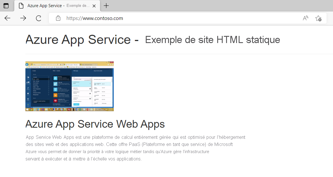 Capture d’écran de l’application Contoso sur Azure App Service Web Apps accessible via un navigateur web.