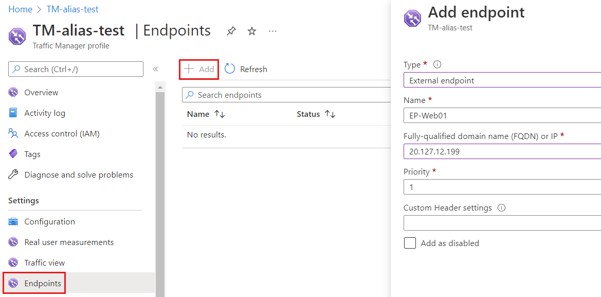 Capture d’écran de la page Points de terminaison dans le profil Traffic Manager montrant les paramètres sélectionnés pour ajouter un point de terminaison.