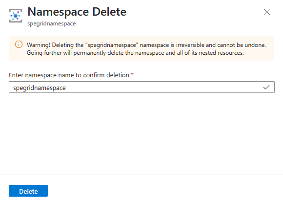 Capture d'écran montrant comment confirmer la suppression d’un espace de noms Event Grid.