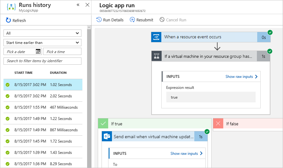 Capture d’écran de l’historique des exécutions d’une application logique, montrant les détails de chaque exécution.