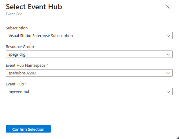 Capture d’écran montrant le volet Sélectionner un Event Hub.