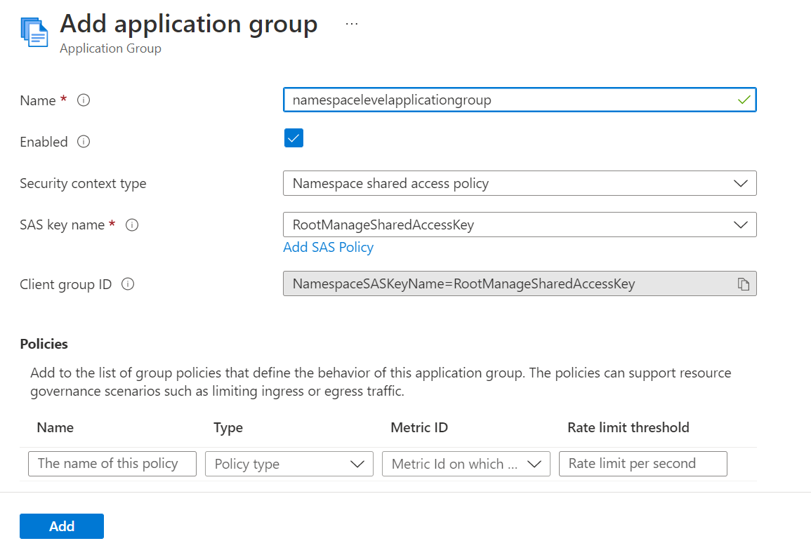 Capture d’écran de la page Ajouter un groupe d’applications avec l’option Stratégie d’accès partagé de l’espace de noms sélectionnée.