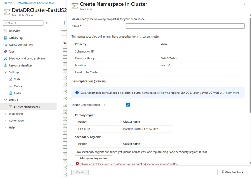 Capture d’écran de l’interface utilisateur de création d’un espace de noms dédié avec l’interface utilisateur de la géoréplication.