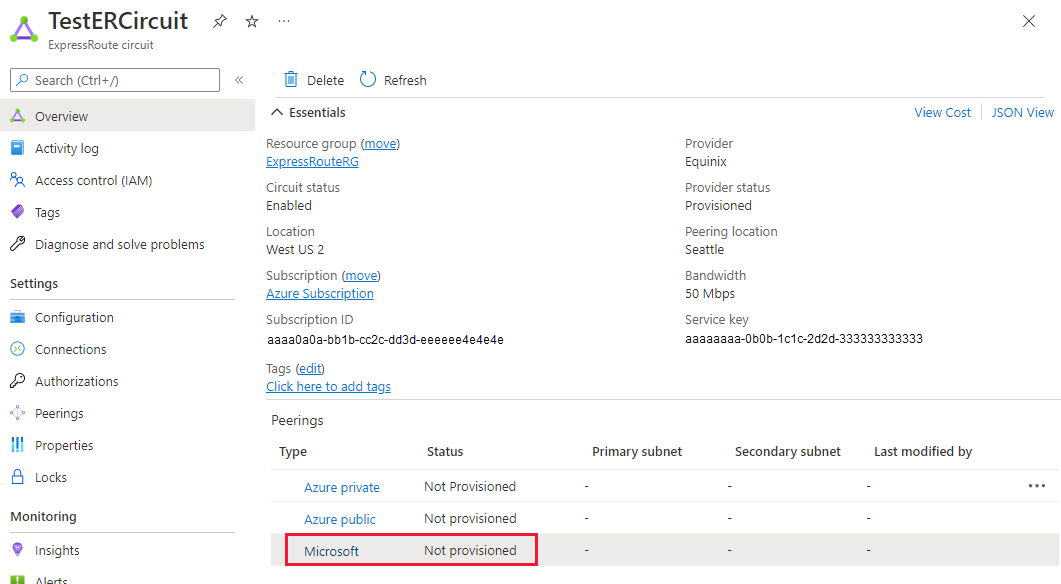 Capture d’écran montrant comment sélectionner la ligne de peering Microsoft.