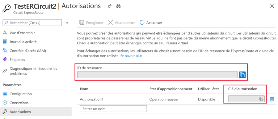 Capture d’écran de la génération de la clé d’autorisation.