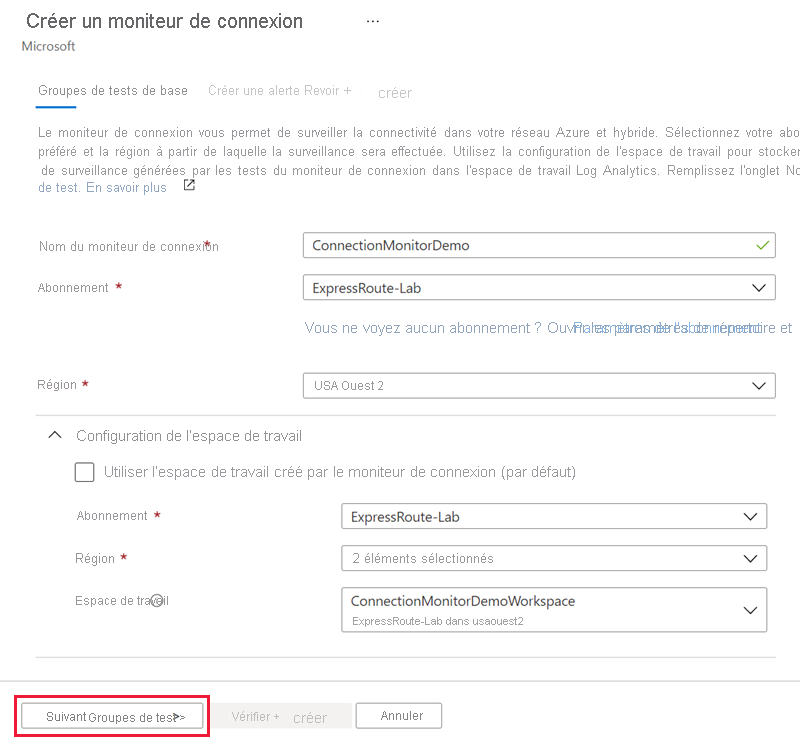 Capture d’écran de l’onglet Informations de base pour la création du Moniteur de connexion.