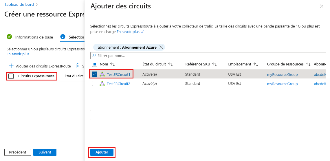 Capture d’écran de l’onglet de sélection de circuits ExpressRoute et de la page d’ajout de circuits