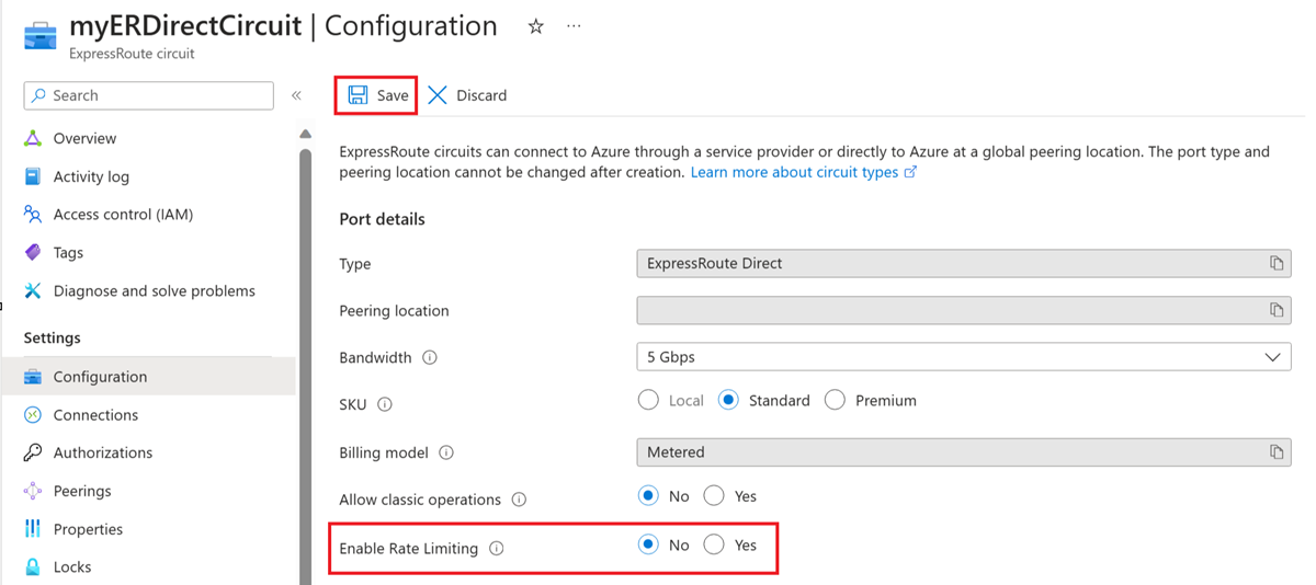 Capture d’écran de la page de configuration d’un circuit ExpressRoute Direct montrant le paramètre Activer la limitation de débit défini sur Non.