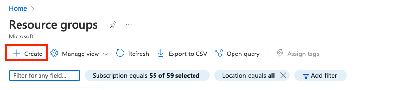 Screenshot that shows Create highlighted in the Resource groups list view.