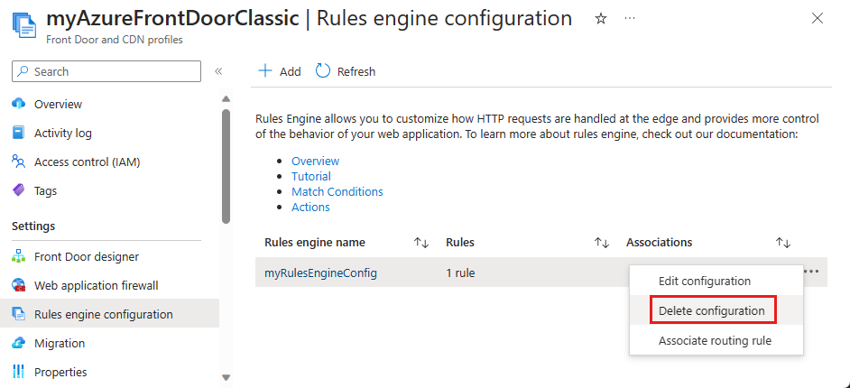 Supprimer la configuration du moteur de règles