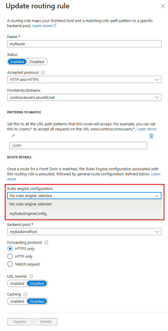 Capture d’écran de la configuration du moteur des règles associées depuis la page de règle d’acheminement.