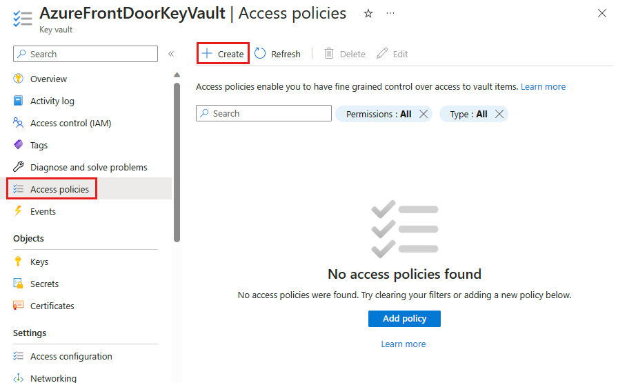 Capture d’écran de la page Stratégies d’accès de Key Vault.