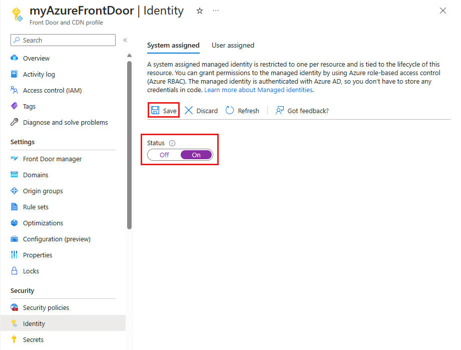 Capture d’écran montrant la page de configuration des identités managées affectées par le système.