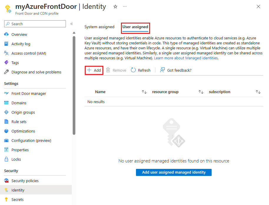 Capture d’écran montrant la page de configuration des identités managées affectées par l’utilisateur.