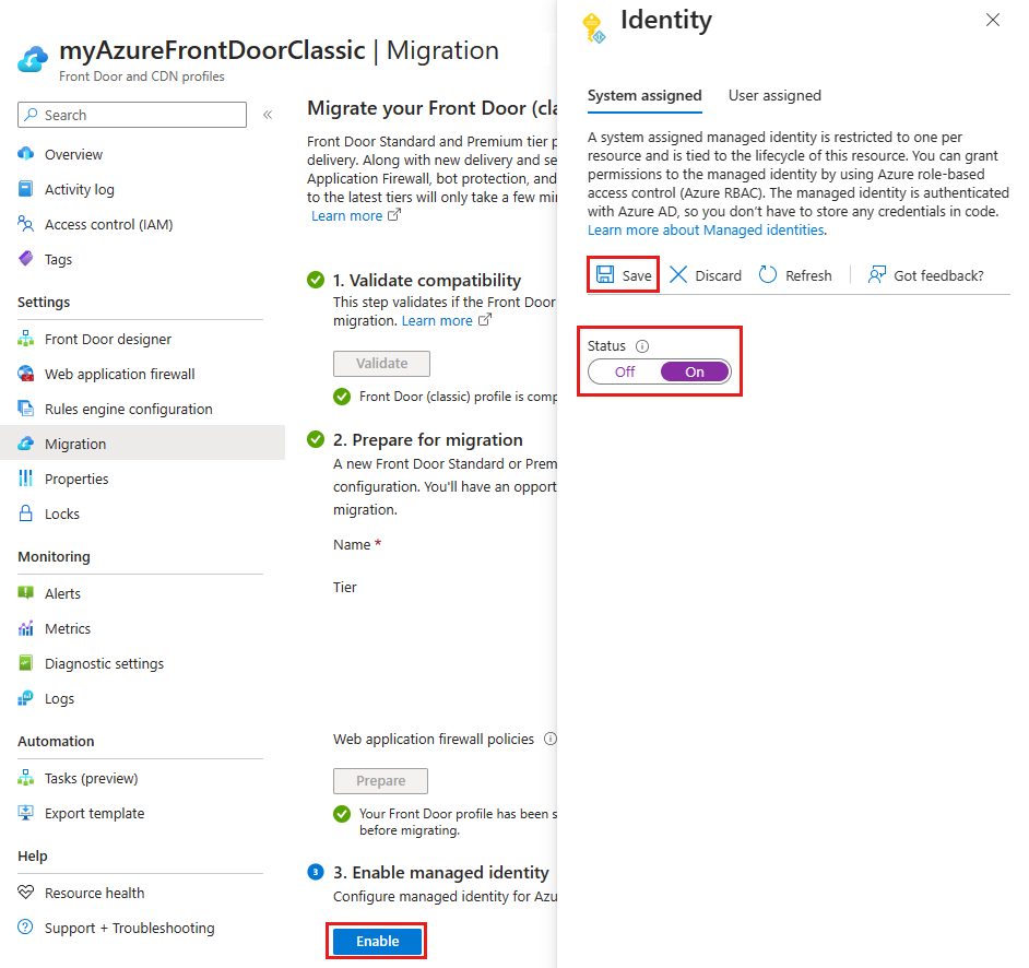 Capture d’écran du bouton Activer une identité managée pour la migration Azure Front Door.