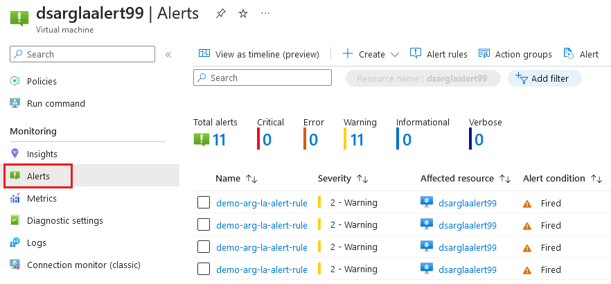 Capture d’écran des alertes de surveillance des machines virtuelles qui montre la liste des alertes déclenchées.