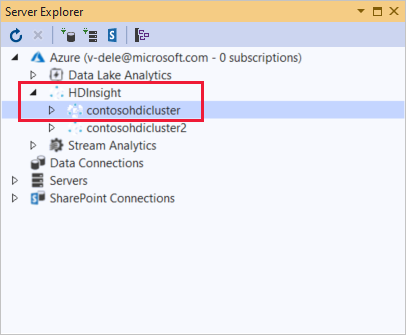 Liste de clusters HDInsight, Explorateur de serveurs, Visual Studio.