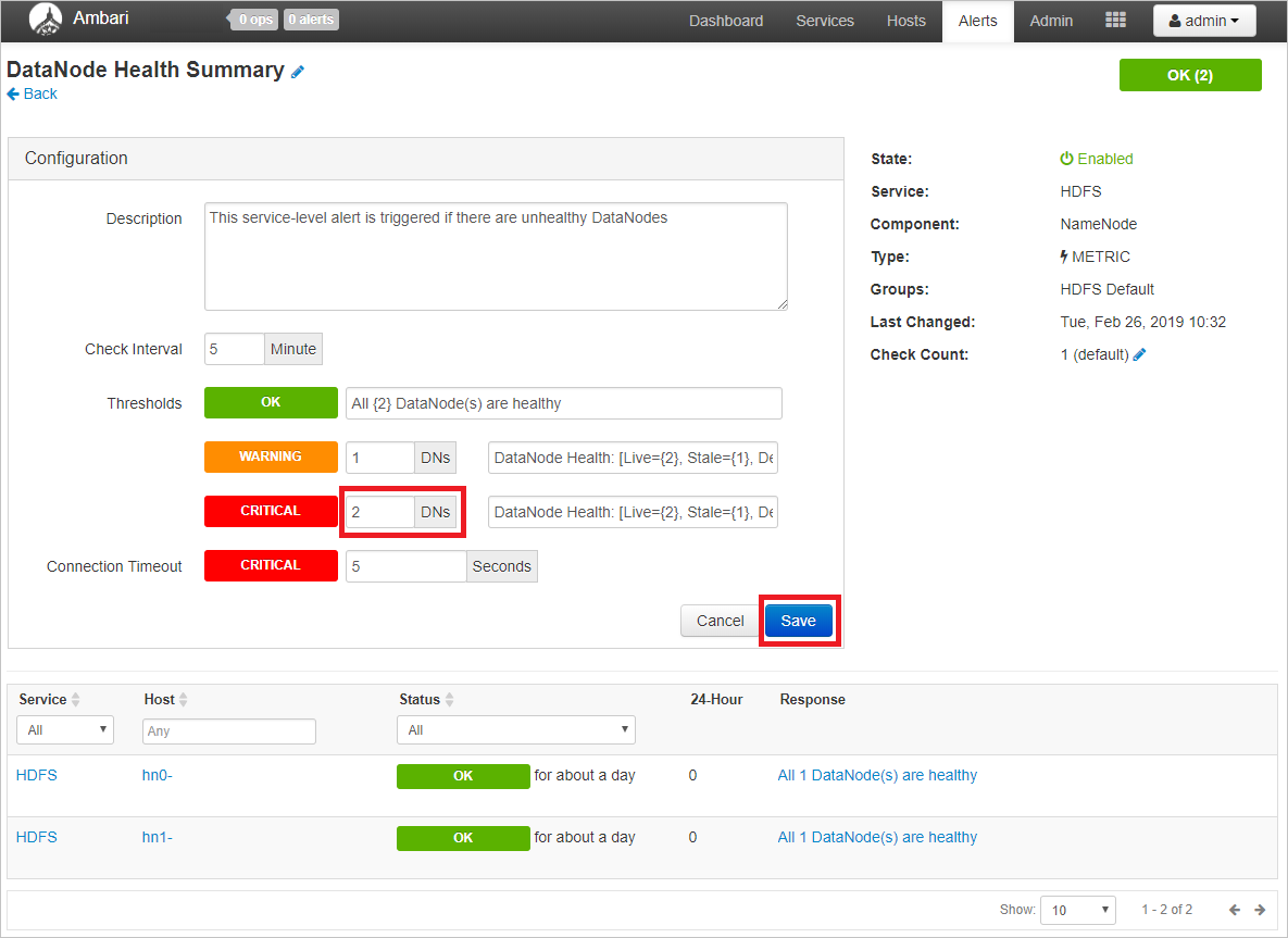 Vue pour modifier les configurations d’alertes Ambari.