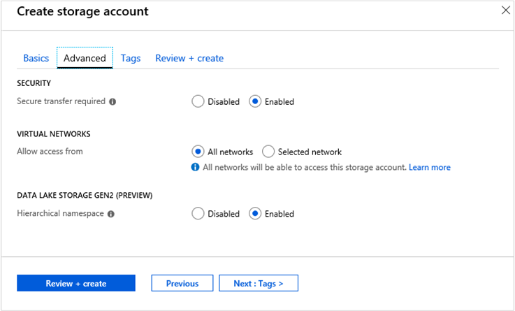 Capture d’écran montrant la création du compte de stockage dans le Portail Azure.