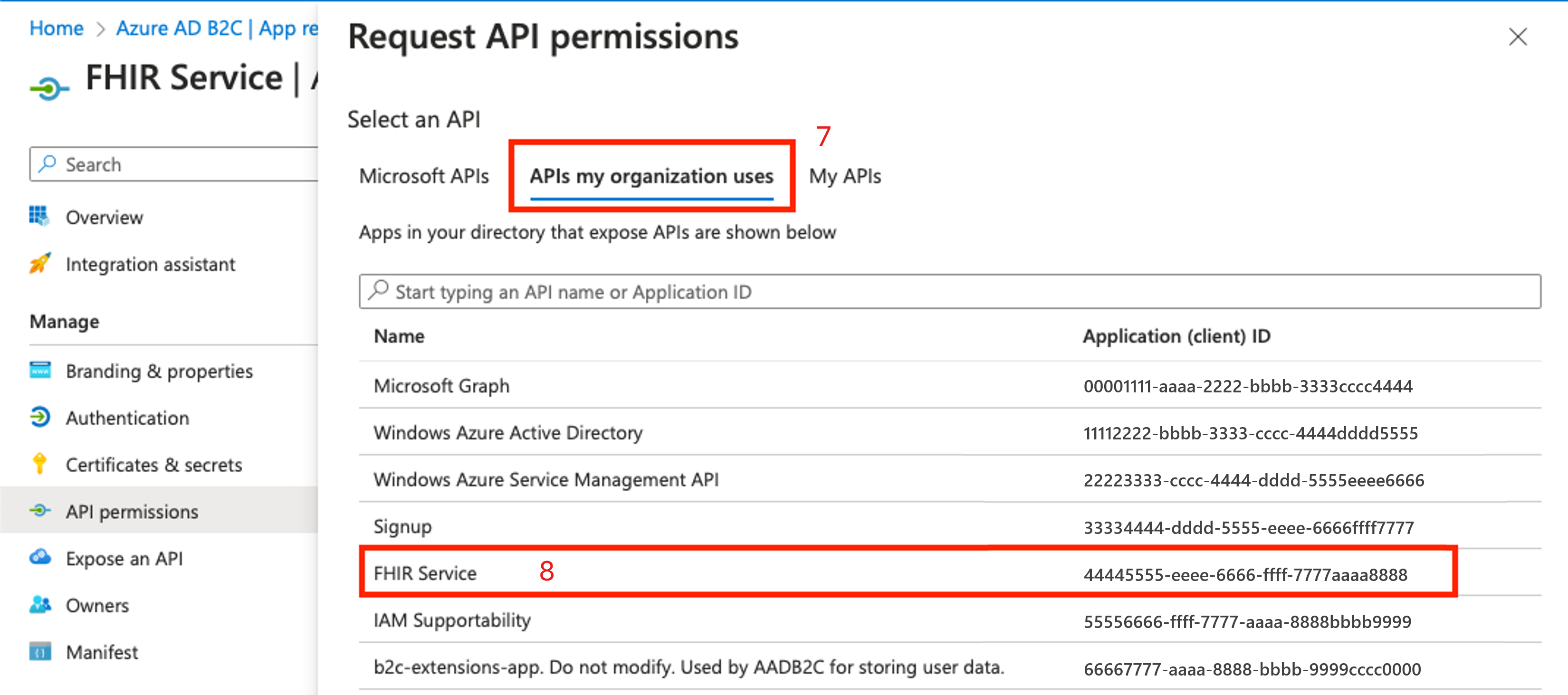 Capture d’écran présentant les autorisations d’API B2C avec les API utilisées.