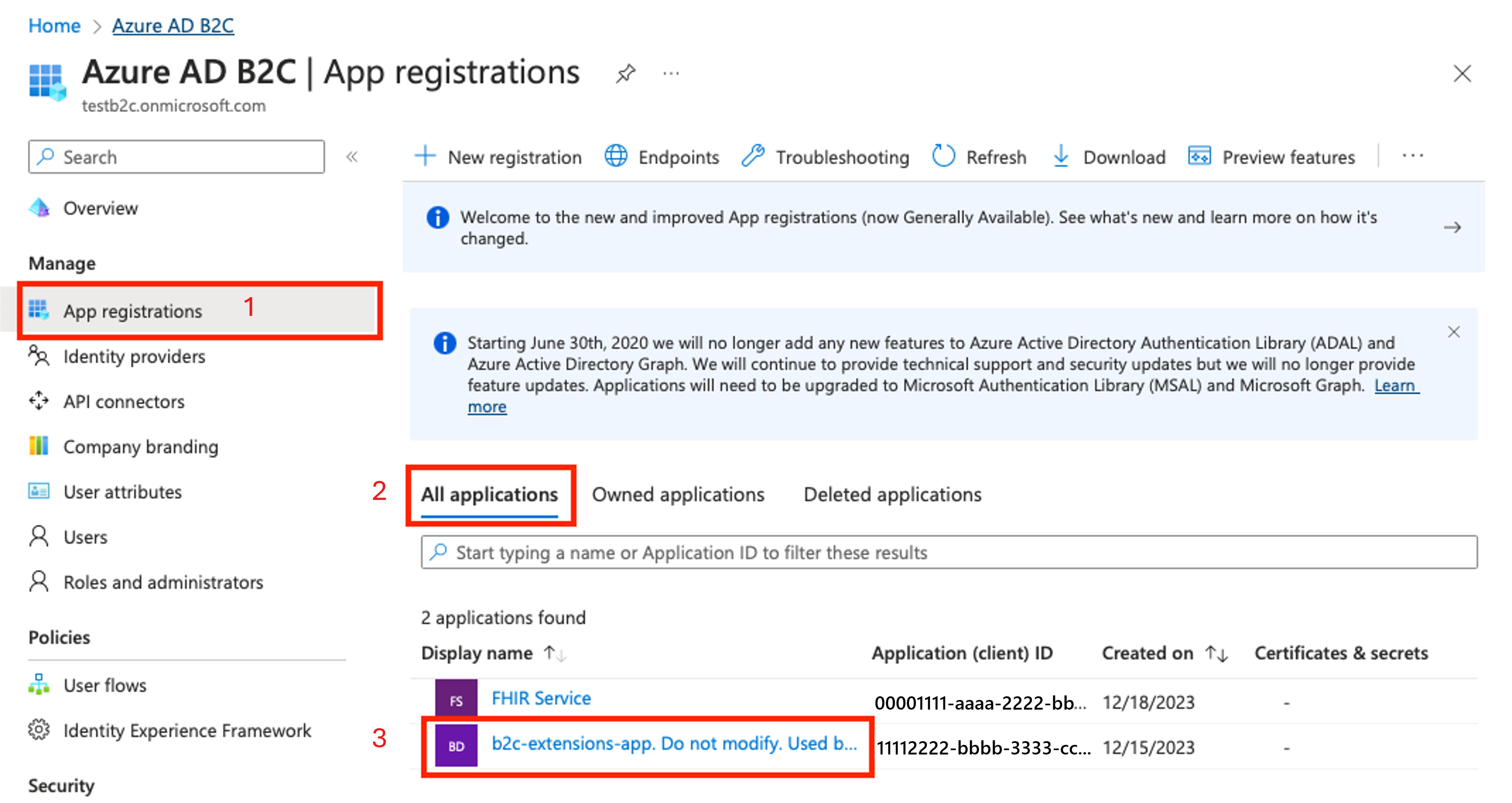 Capture d’écran présentant la liste des applications B2C.