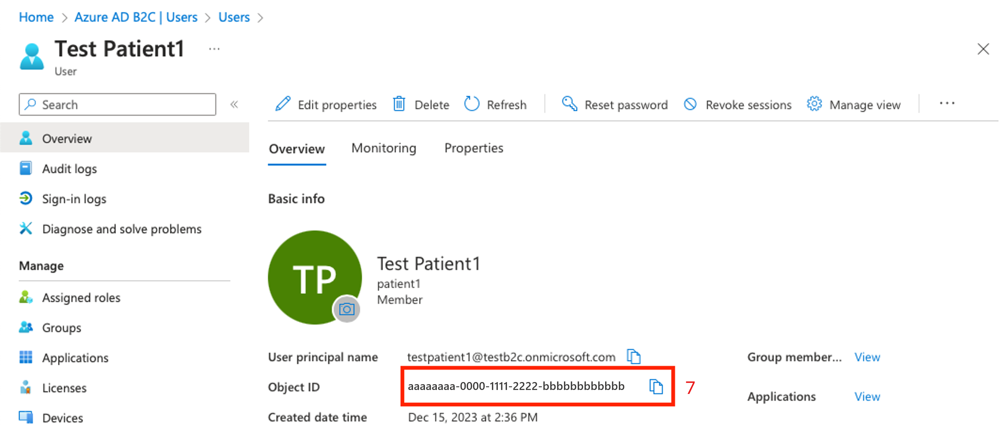 Capture d’écran présentant l’identifiant utilisateur B2C.