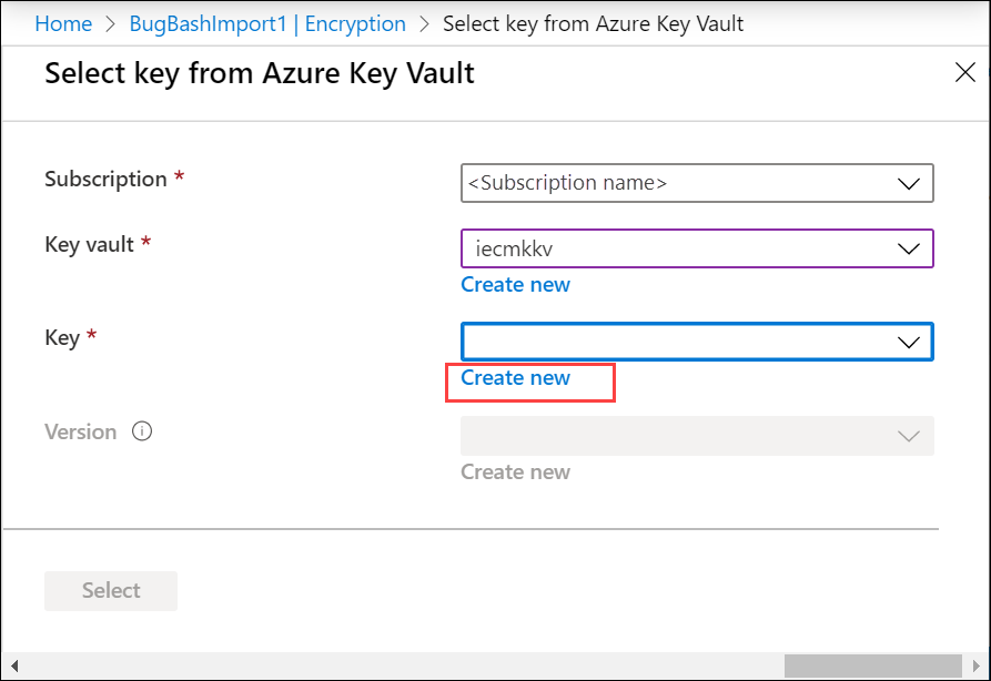 Capture de l’écran « Sélectionner une clé dans Azure Key Vault ». Le bouton « Créer » pour l’option Clé est mis en évidence.