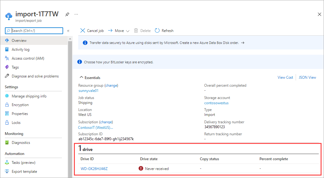 Capture d’écran montrant l’état du lecteur pour une commande Azure Import/Export dans le portail Azure. L’identifiant du lecteur, l’état du lecteur, l’état de la copie et le pourcentage effectué du lecteur sont mis en évidence.