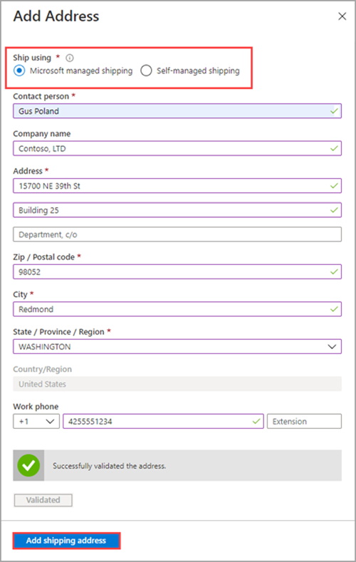 Capture d’écran de l’écran Ajouter une adresse pour une commande de Data Box. Les options Expédier avec et l’option Ajouter une adresse d’expédition sont mises en évidence.