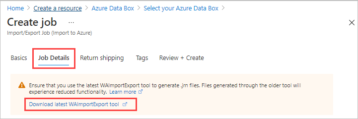 Capture d’écran montrant le lien de téléchargement de la dernière version de l’outil WAImportExport dans les détails d’une tâche d’importation/exportation Azure. Le lien de téléchargement de l’outil est mis en évidence.