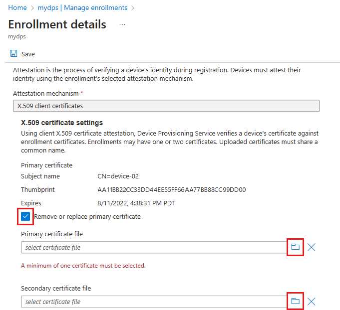 Capture d’écran montrant comment supprimer un certificat et en charger de nouveaux.