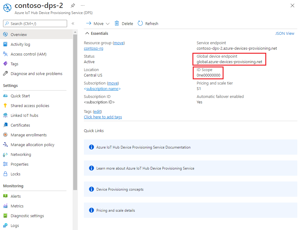 Capture d’écran de l’étendue de l’ID et du point de terminaison d’appareil global dans le portail Azure.