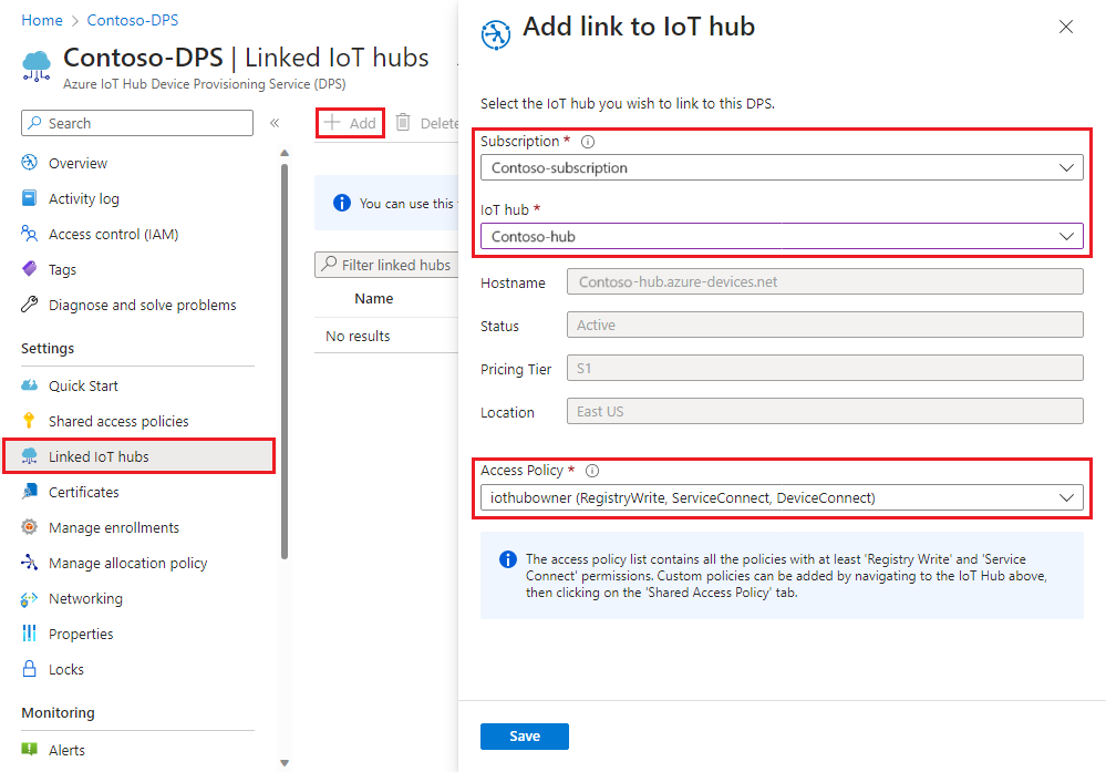 Capture d’écran montrant comment lier u hub IoT à l’instance du service Device Provisioning dans le portail.