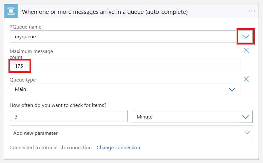 Screenshot that shows configuring queue settings in the Logic app designer.