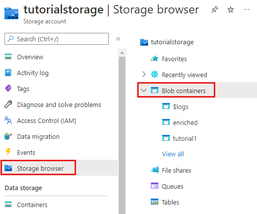 Capture d'écran montrant les conteneurs blob dans le compte de stockage.