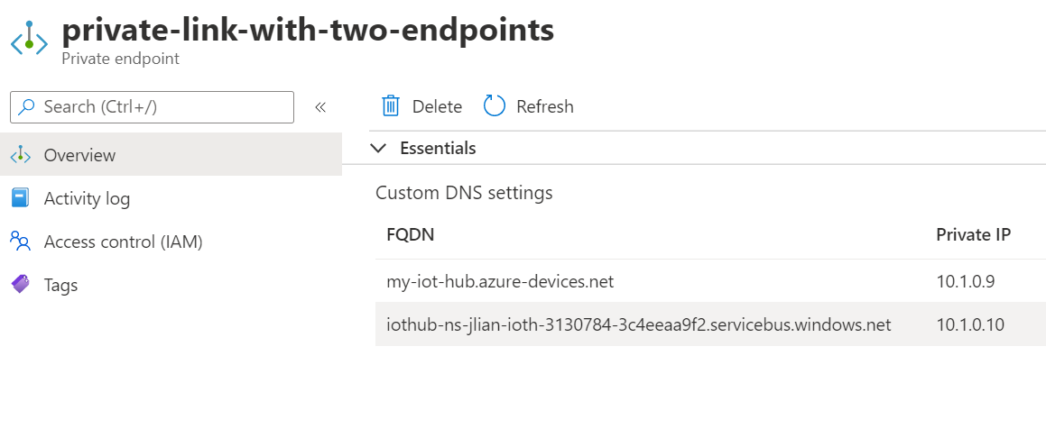 Capture d’écran montrant deux points de terminaison privés en fonction de chaque liaison privée IoT Hub.