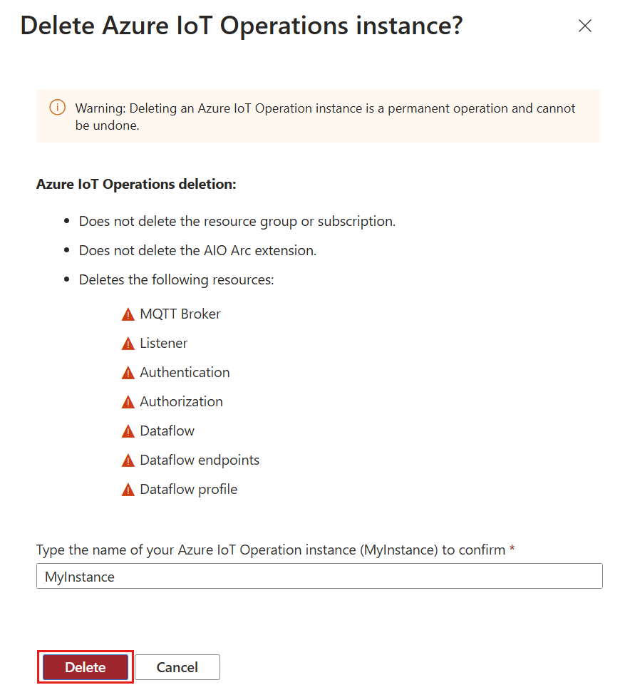 Capture d’écran montrant la suppression d’une instance d’Opérations Azure IoT dans le portail Azure.