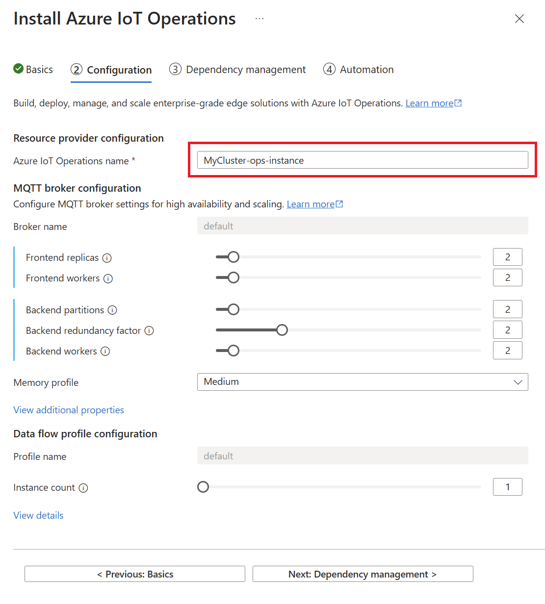 Capture d’écran montrant le deuxième onglet du déploiement d’Opérations Azure IoT à partir du portail.