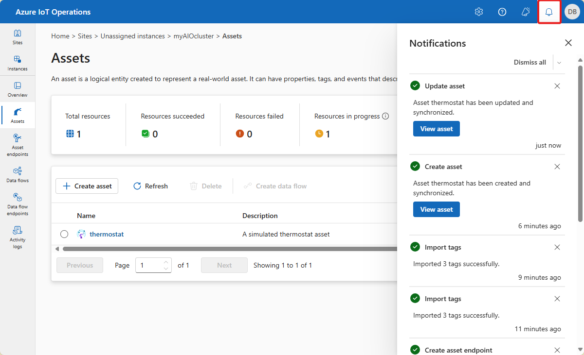 Capture d’écran montrant les notifications dans l’expérience Opérations.