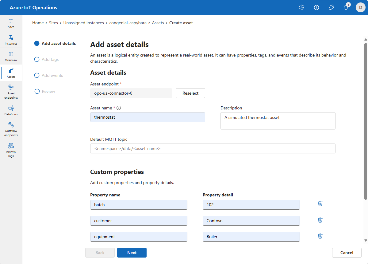 Capture d’écran de la page de détails des ressources Opérations Azure IoT.